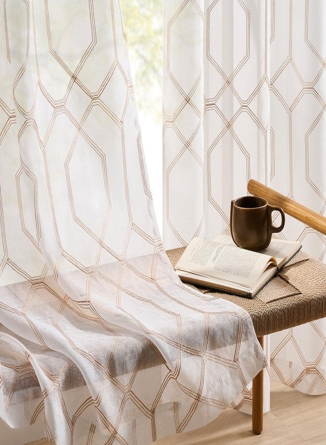 SEEKRIGHT Beige and White Geometry Sheer Curtains 96 Inches Long 2 Panels for Living Room Office Embroidered Geometric Hexagon Curtains Light Filtering Rod Pocket Neutral Moroccan Tile Lattice Drapes, 50x96 - Image 3
